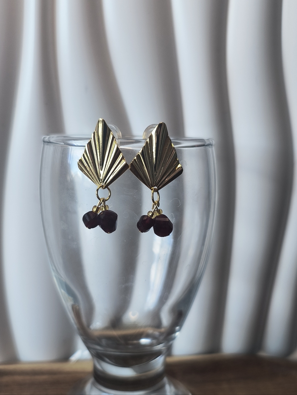 18k Gold Plated Art Deco Fan Earrings with Genuine Garnet - Boutique Handmade